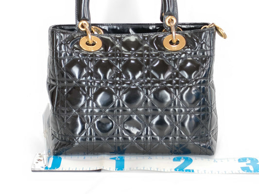 Dior Lady Dior enamel handbag, 2-way, Cannage, black, W25cm.