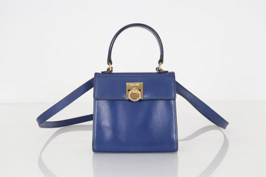 CELINE Leather Gancini Hardware 2-Way Mini Handbag Blue Shoulder Bag