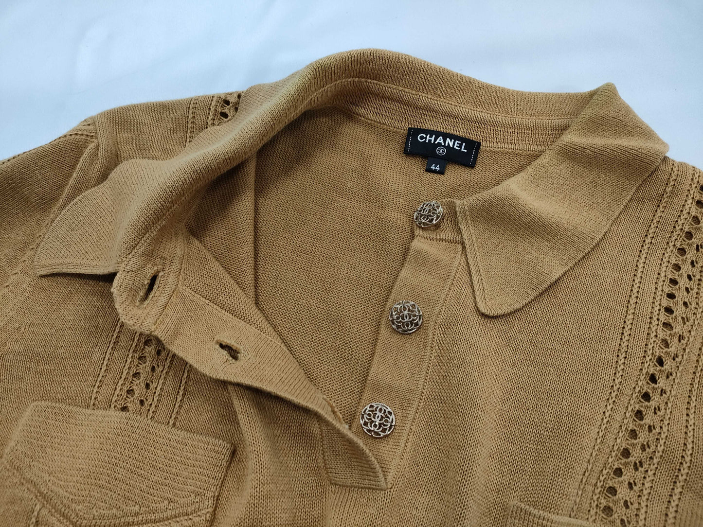 CHANEL Coco Mark Openwork Polo Shirt, Size 44, Tops
