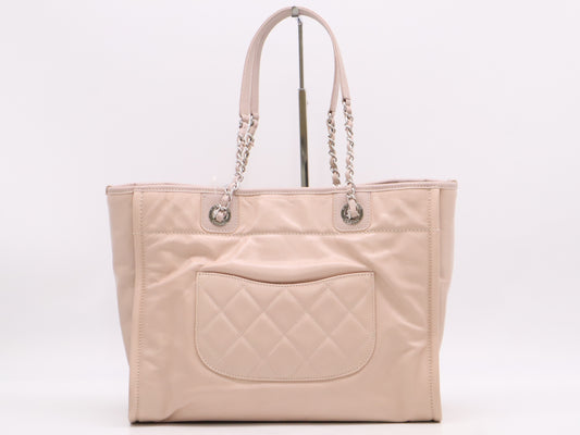 CHANEL Lambskin Deauville MM Chain Shoulder Bag Pink with Box, Sticker, Card, 22300598 Tote Bag
