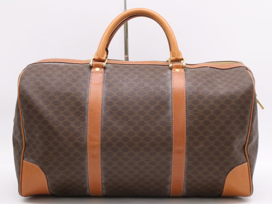 CELINE Macadam Boston Bag, Brown, GD Hardware, with Padlock, Key, Name Tag, and Cloche.