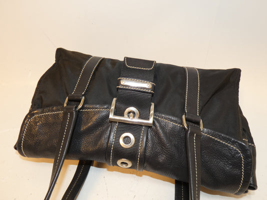 PRADA Front Belt Nylon Leather Black Hand Tote Bag