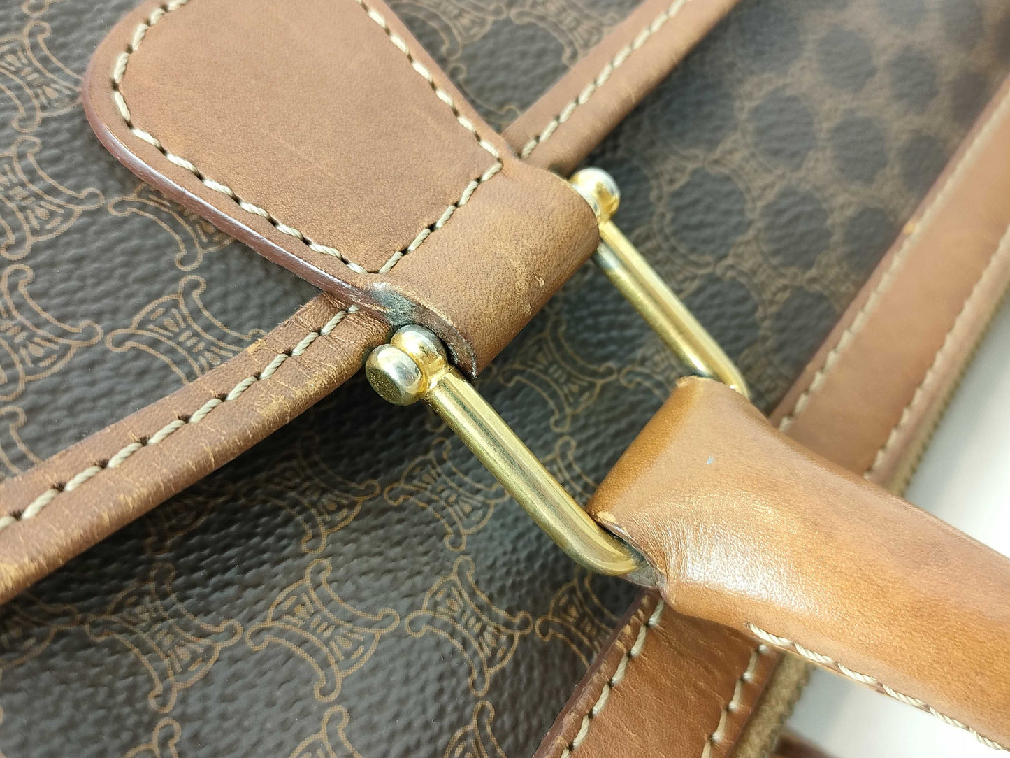 CELINE Mini Boston Bag, Macadam Pattern, M94, PVC/Leather, Dark Brown, Boston Bag