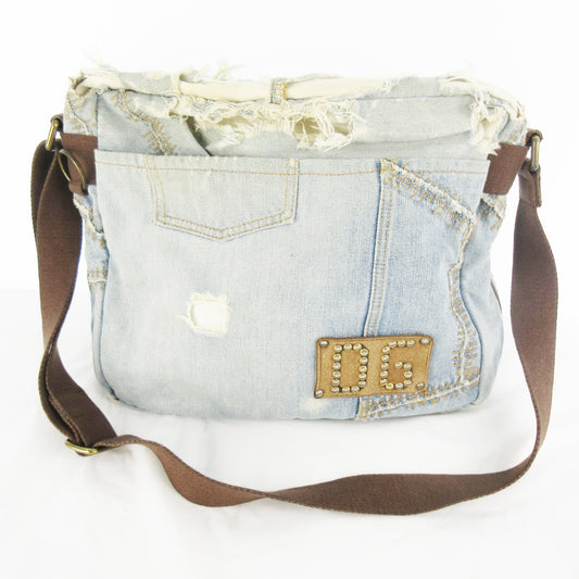 DOLCE&GABBANA Denim Shoulder Bag with Logo Studs, Reconstructed, Indigo Blue