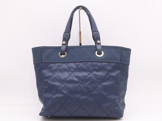 CHANEL Paris Biarritz Tote MM Leather Canvas with Silver Hardware and Navy Seal 15564244 Tote Bag