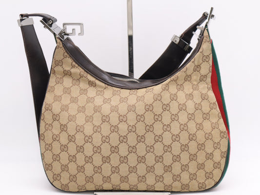 GUCCI 001-3315 GG Canvas Sherry Line Khaki Beige Dark Brown Shoulder Bag