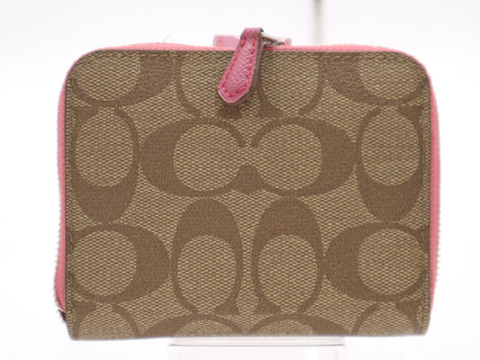COACH F52675 Signature Medium Zip-Around Leather PVC Beige Pink Wallet