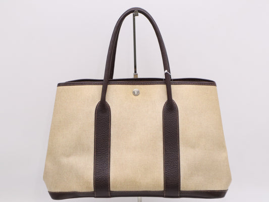 HERMES Toile H x Leather Garden Party Handbag, Beige/Brown, F Stamp, 2002