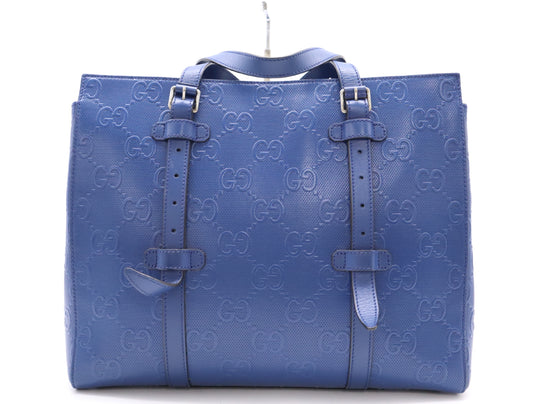 GUCCI Leather GG Embossed Tote Bag Blue Handbag