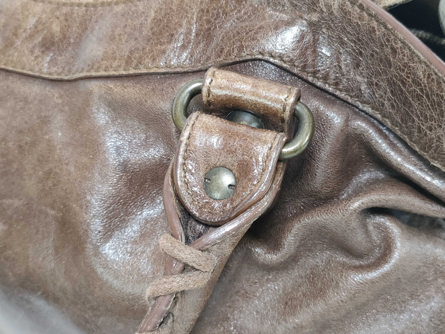 BALENCIAGA City 2-Way Handbag with Long Strap, Brown, Mirrored