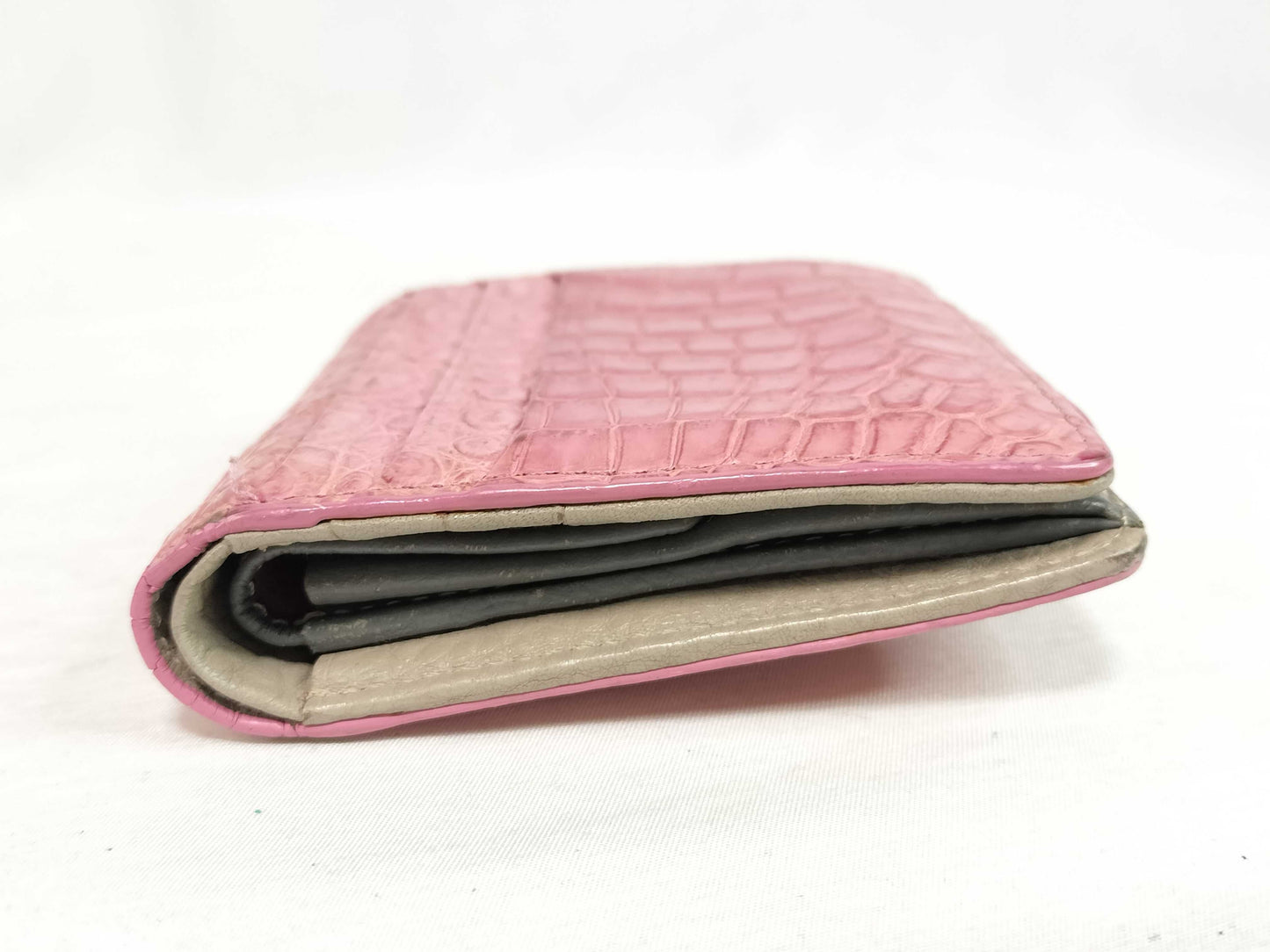 Leather Jewels Pink Crocodile Embossed Folding Wallet