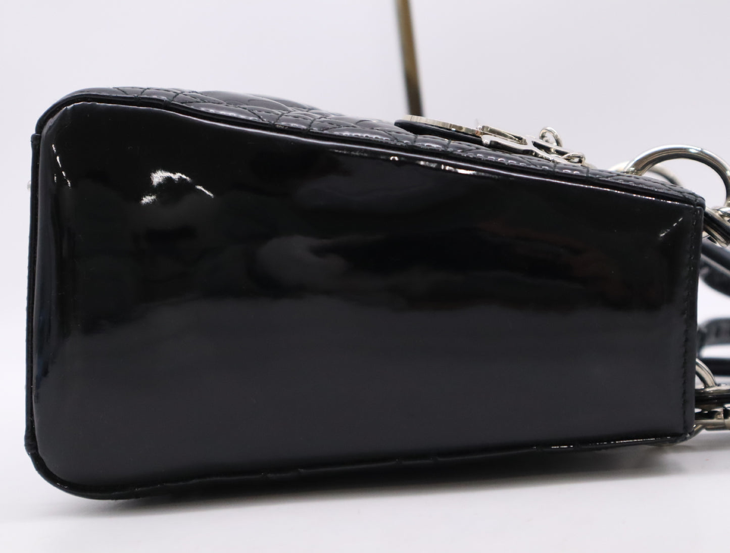 Dior Lady Dior Enamel Lady Dior Medium Cannage Handbag in Black with Silver Hardware, Two Straps, Dust Bag, and Card Included