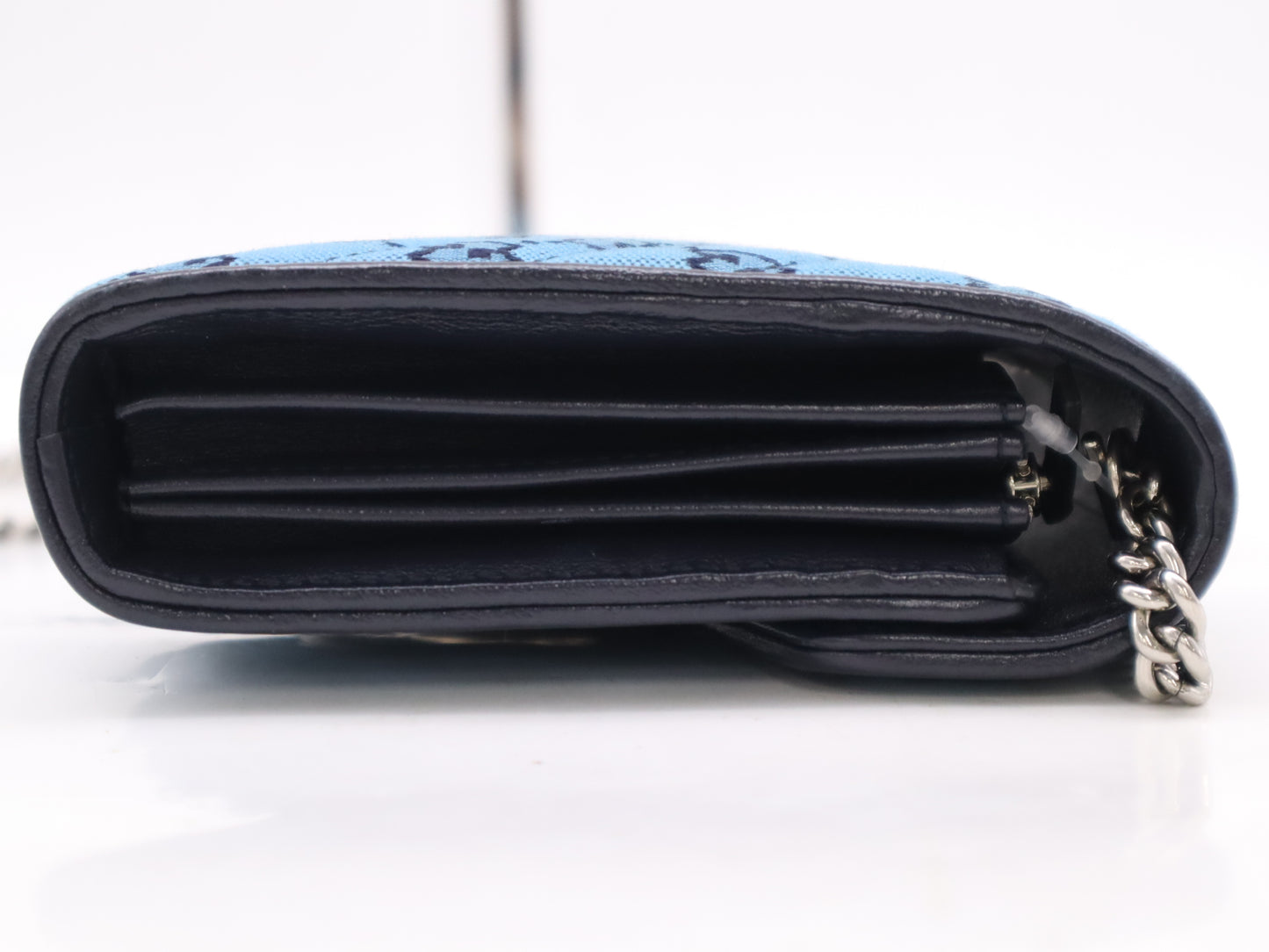 GUCCI 474575 Canvas and Leather GG Marmont Chain Wallet Blue Shoulder Bag
