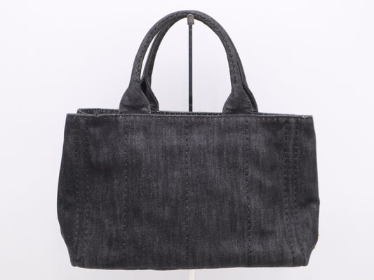 PRADA Denim Canapa Tote Mini Logo Plate Black Tote Bag