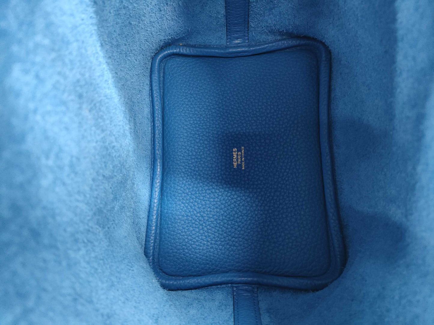 HERMES Picotin Lock PM Handbag, Blue Zélige, Gold Hardware, Taurillon Clemence Leather, W Stamp, Handbag