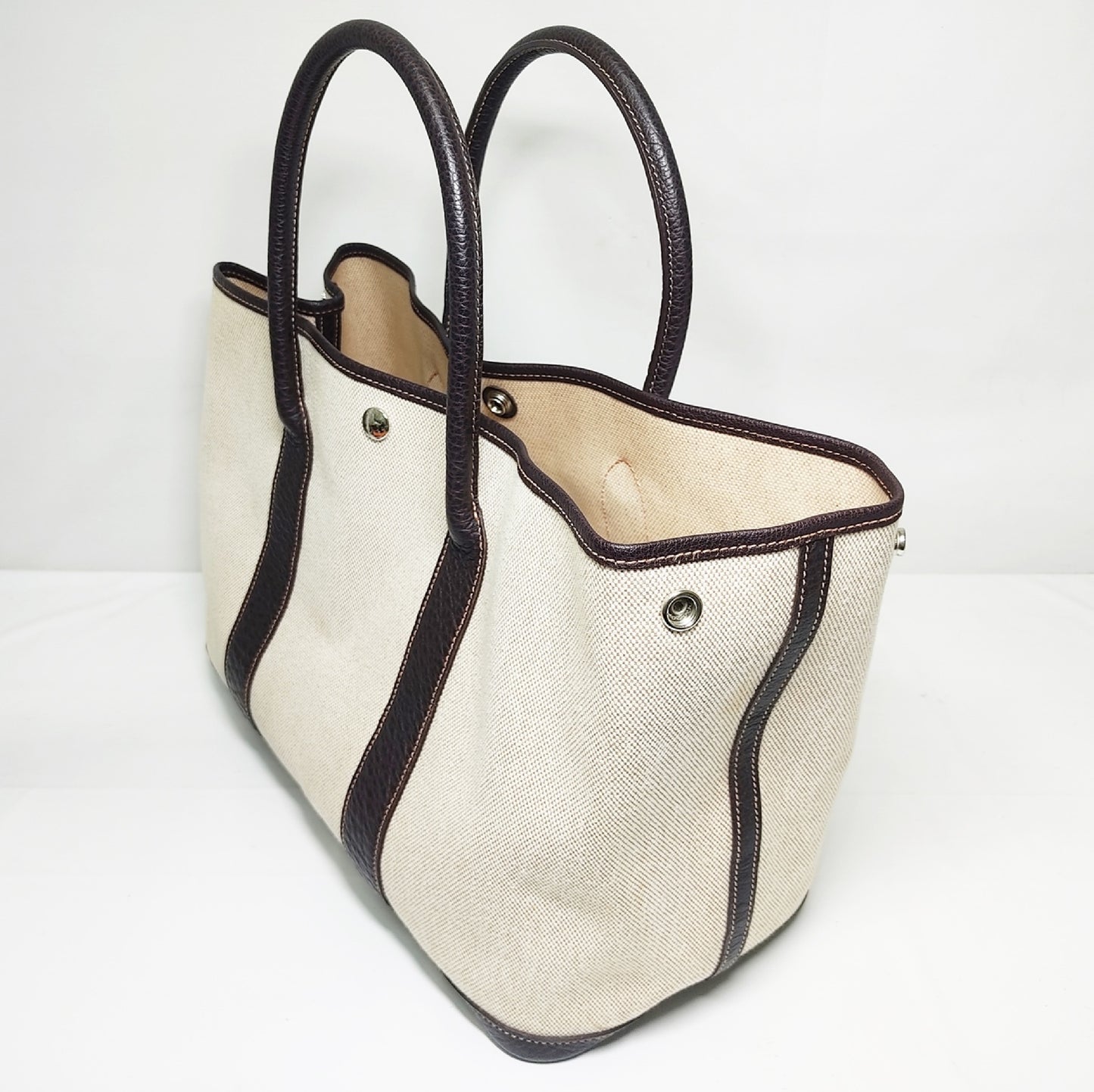 HERMES Garden Party PM Tote Bag with H Stamp, Beige and Brown