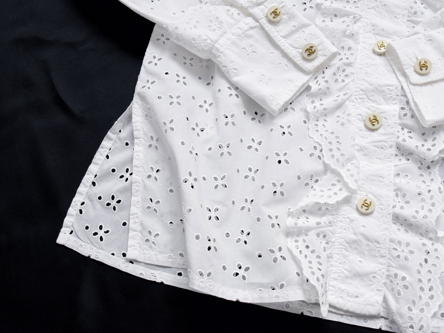 CHANEL Coco Mark 95P Ruffle Mini Shirt CC Buttons Sizes 36-38 Barbie Runway Shirt