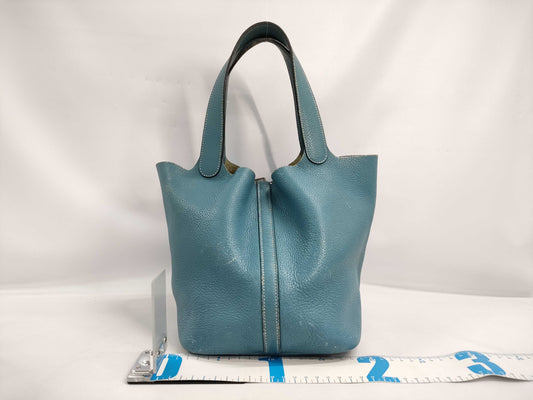 HERMES Picotin MM Taurillon Clemence Blue Jean Handbag with K Stamp