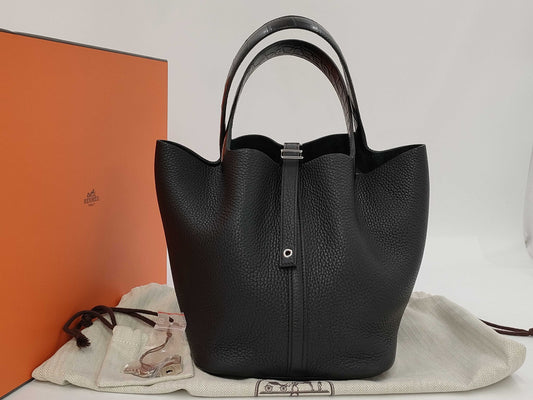 HERMES Picotin Lock MM Touch Taurillon Clemence Alligator Leather Handbag in Matte Black with Silver Hardware and Y Stamp