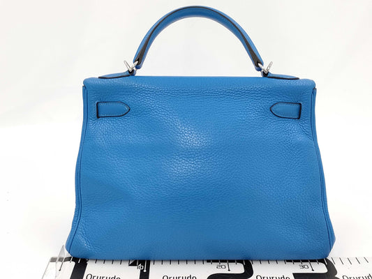HERMES Kelly 32 Taurillon Clemence Leather Blue Zélige Handbag with Silver Hardware and P Stamp