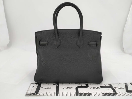 HERMES Birkin 30 Black Silver Fittings □R Engraved Topo