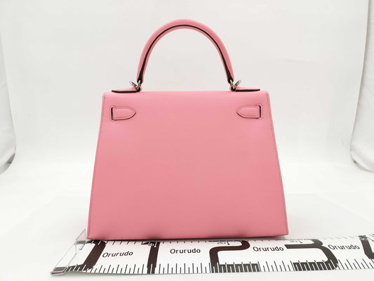 HERMES Kelly 28 Vo Epson Rose Confetti SS Silver Fittings T-Engraved Tote