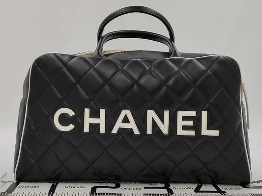 CHANEL Bowling Bag Lamb Black White GP Boston Bag