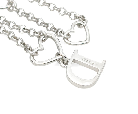 Dior Dior Silver Color Heart & Rhinestones Logo Necklace 6.2g Necklace