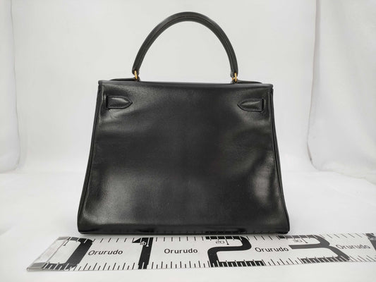 HERMES Kelly 28 Box Calf Black Gold Fittings Inseam 〇T Engraved Handbag