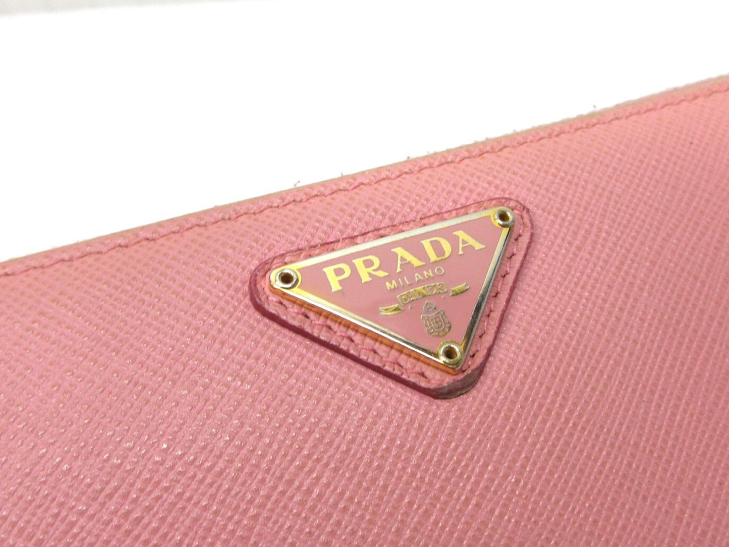 PRADA Prada Saffiano Leather Triangle Plate Pink Round Long Wallet Wallet