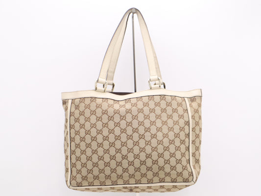 GUCCI 146247 Canvas x Leather GG Canvas Ivory Tote Bag