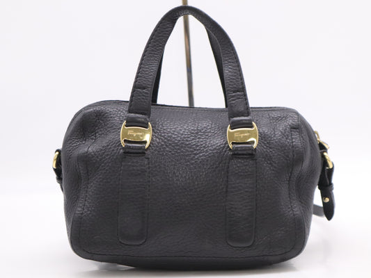 Salvatore Ferragamo Leather 2-Way Bag, Black, with Shoulder Strap, Handbag