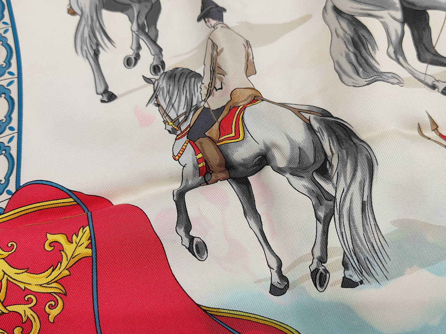 HERMES Silk Carré 90 "Real Escuela Andaluza Del Arte Ecuestre" Scarf, Blue Multicolor, with Box