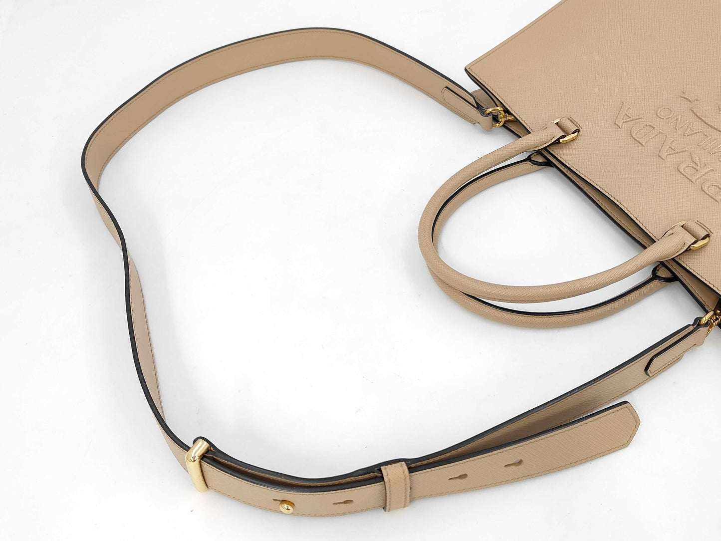 PRADA 1BA337 Saffiano Leather Large 2-Way Tote Bag, Beige, with Strap