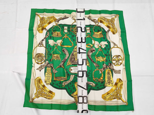 HERMES Silk Carré 90 ETRIERS Armor Scarf Brown Green White Yellow