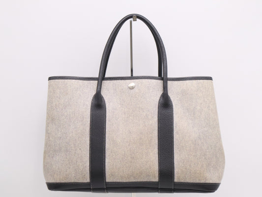 HERMES Toile H x Leather Garden Party MM Gray Black Tote Bag