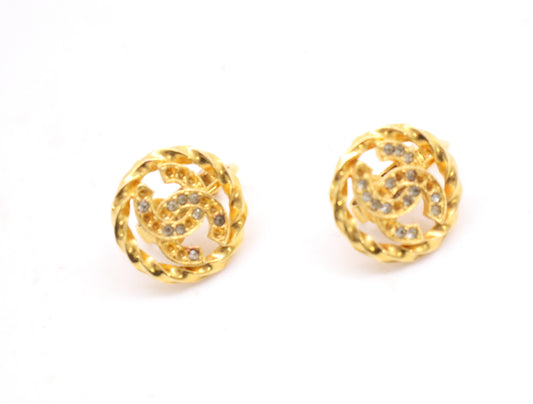 CHANEL GP Coco Mark Rhinestone Gold Earrings with Box