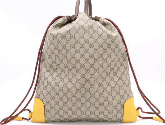 GUCCI 473872 Canvas x Leather GG Supreme Cathead Drawstring Backpack Beige Brown Yellow Rucksack