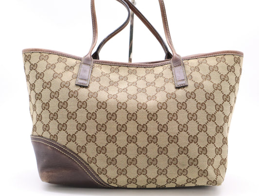 GUCCI 169946 Canvas x Leather GG Canvas New Brit Tote Bag Beige Brown Sherry Line Tote Bag