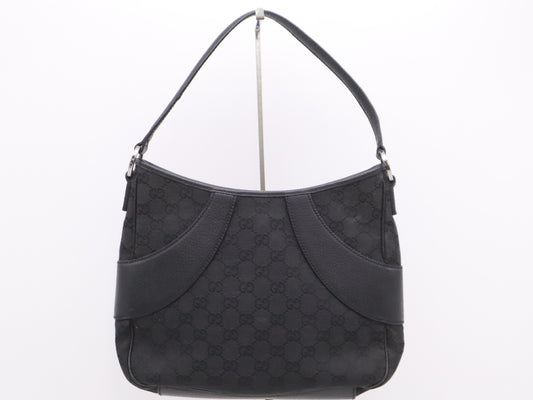 GUCCI 113012 Canvas x Leather GG Canvas Shoulder Bag Black with Silver Hardware