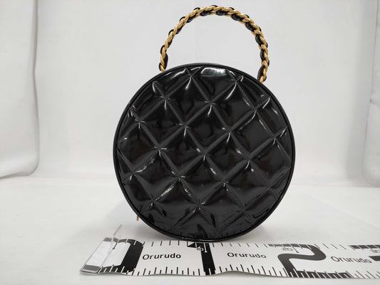 CHANEL Matlasse Patent Cocomark Round Vanity Bag Black Gold Fittings 3rd Line Handbag