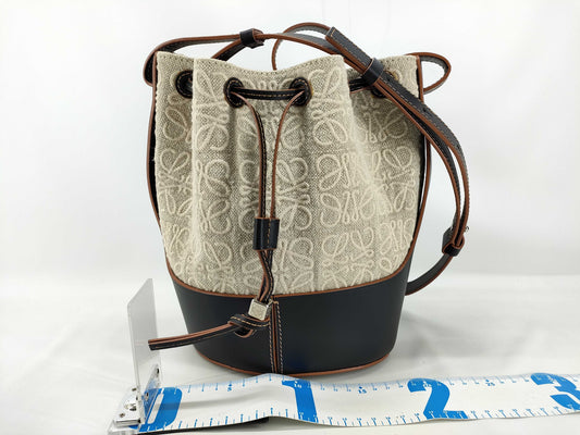 LOEWE Anagram Balloon Canvas and Leather Combination Shoulder Bag, Black, Brown, and Beige