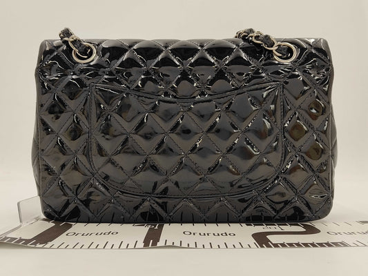 CHANEL Matelasse Black Enamel Shoulder Bag with Silver Hardware, Double Flap, Chain, No. 13