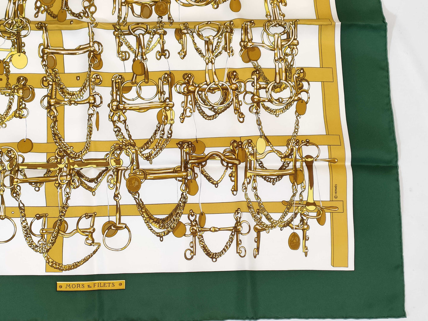 HERMES Carré HERMES Carré 90 MORS&FIETS Saddlery and Bits Green 100% Silk Scarf