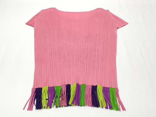 PLEATS PLEASE Issey Miyake Monstera Tropical Flower Fringe Top PP91-JK572 Pink Multicolor Top