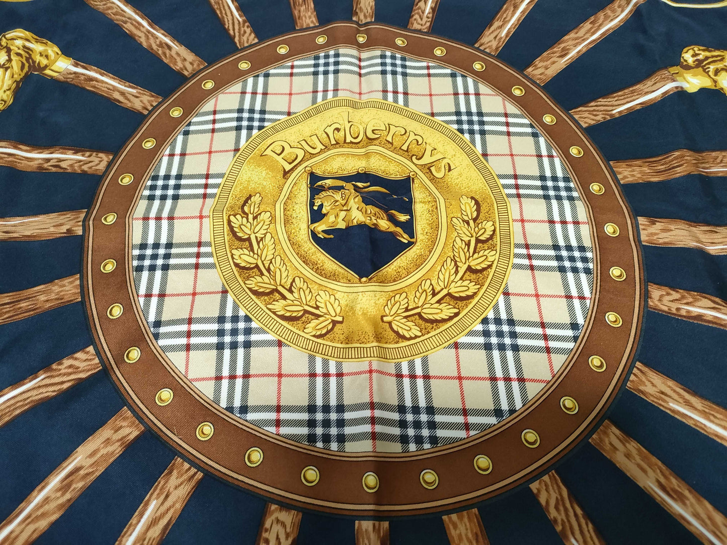 Burberrys all-over print silk scarf in beige and navy