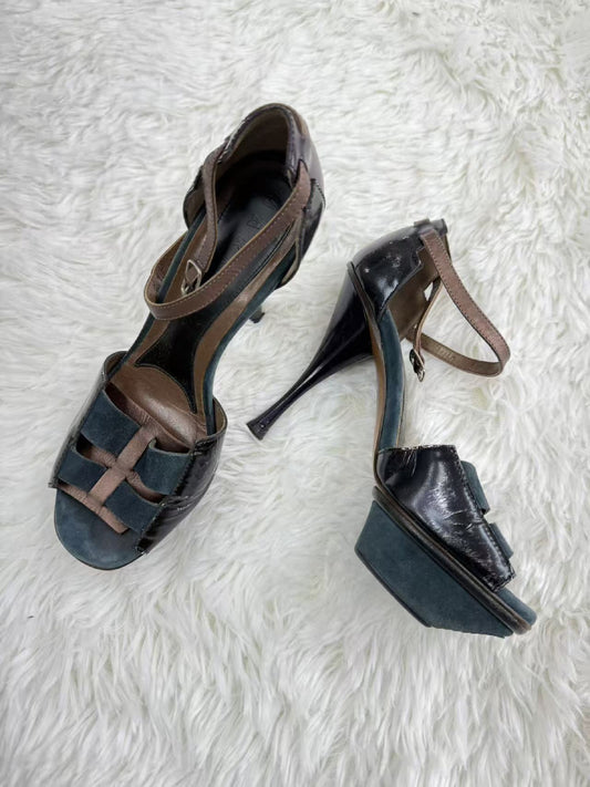 MARNI Made in Italy Size 37 High Heel Sandals with Waterproof Base, Suede and Patent Leather, Size 37 Pumps