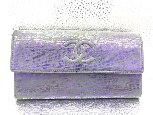 CHANEL Coco Mark Flap Long Wallet with Seal 18331421 and Guarantee Card, Patent Leather, Purple