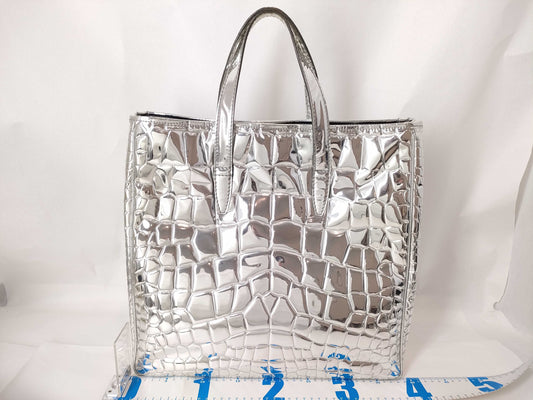 Yves Saint Laurent 188651 Tote Bag Handbag Embossed PVC Silver Tote Bag