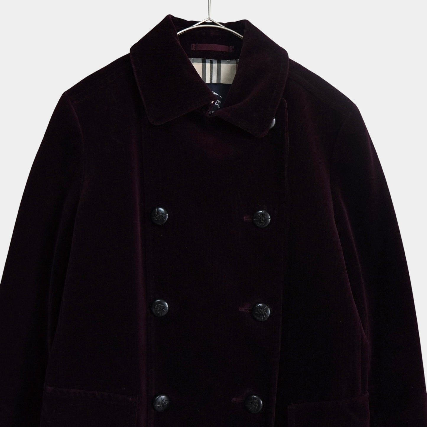 BURBERRY Burberry London Horse Logo Leather Button Nova Check Lining Velour Balcony Coat, Bordeaux, Women's, Size 9